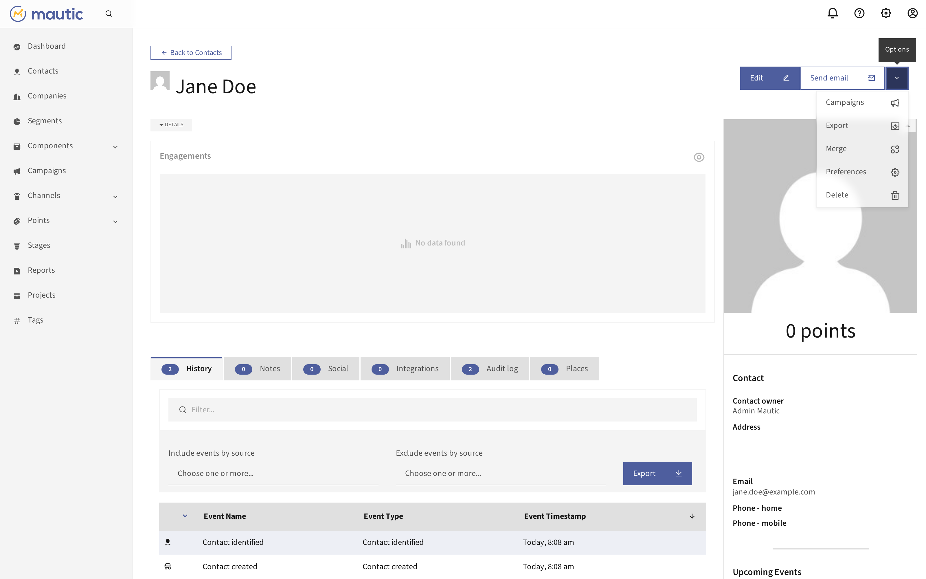 Contact detail view with the Options dropdown open, showing the Export item