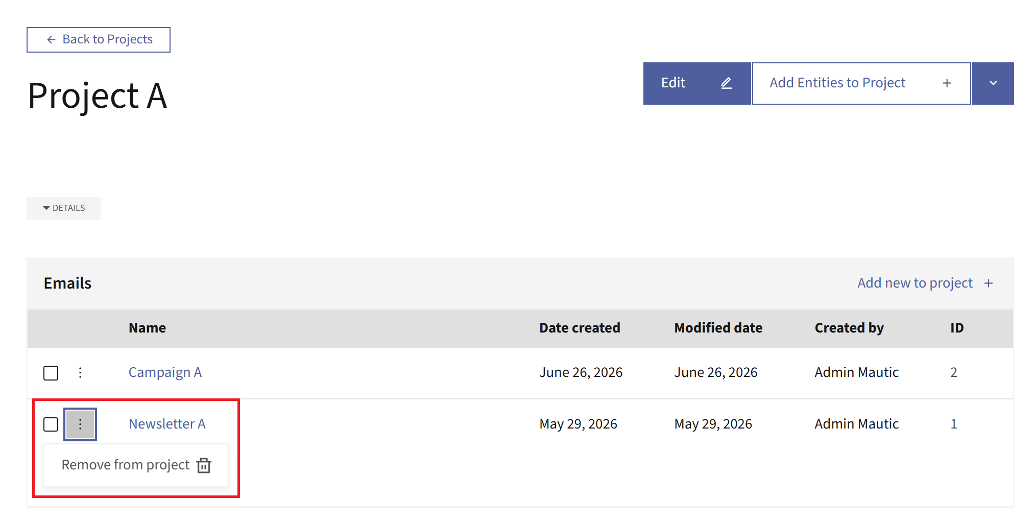 Options menu on a Project entity showing the Remove from project action