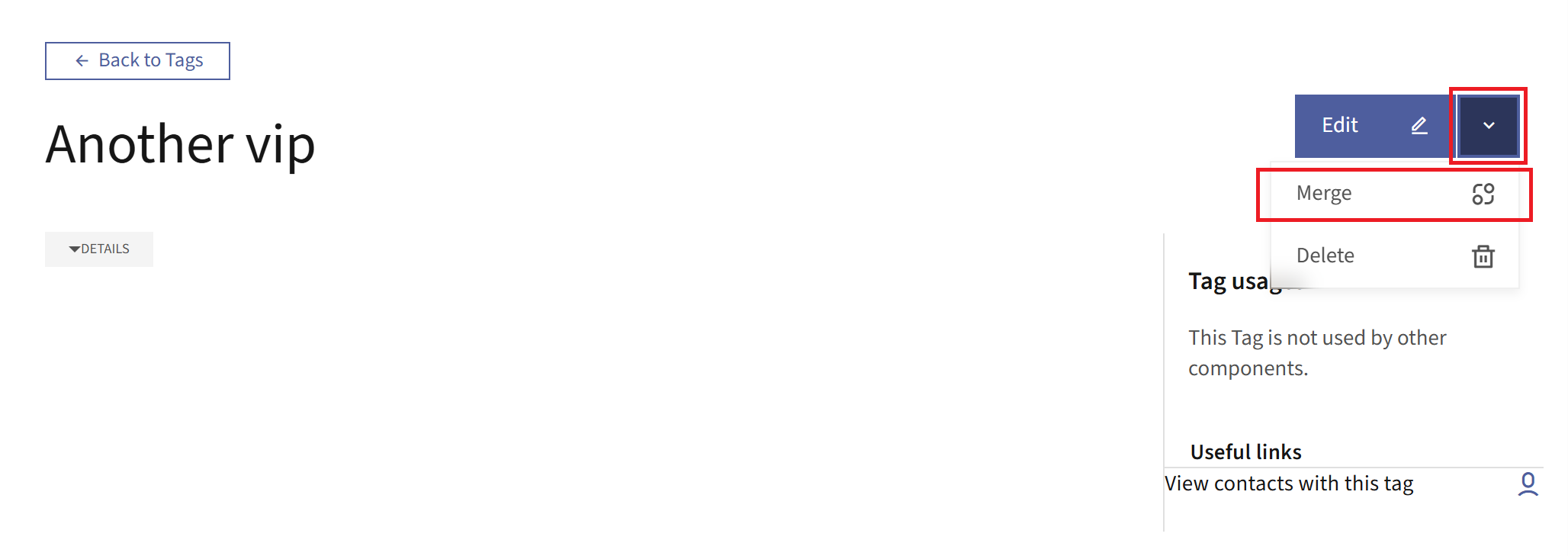 Merge option in the Tag detail drop-down menu